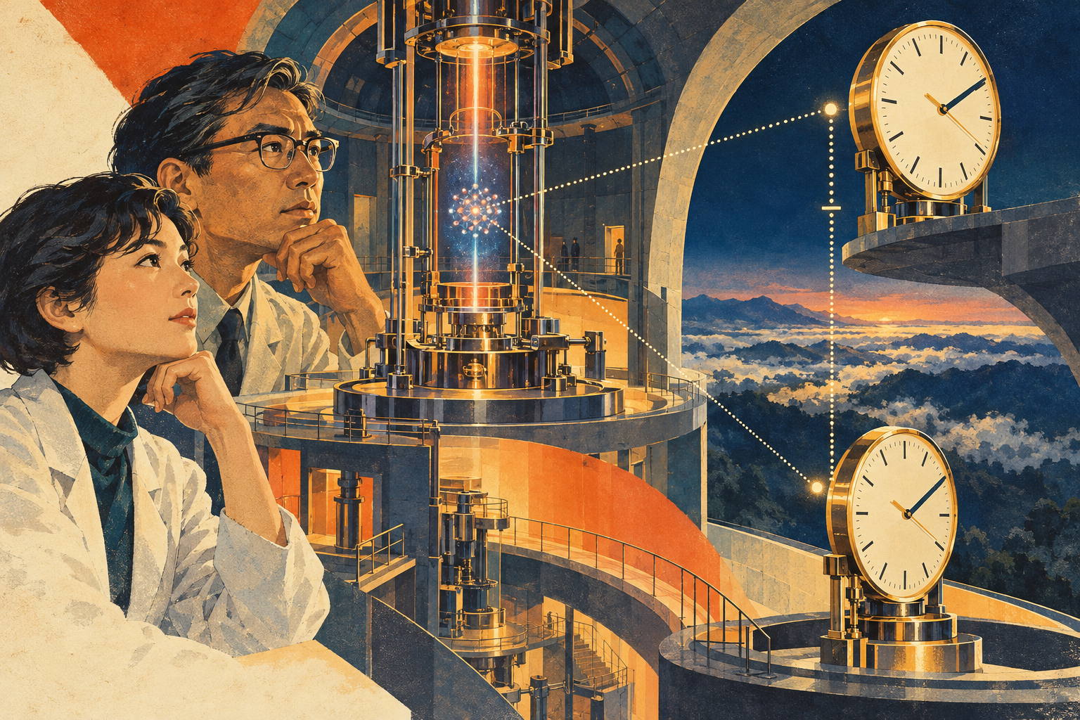 架空の成人研究者と時計・原子雲を描いた昭和科学雑誌風の創作画。実際の実験装置の再現ではない。